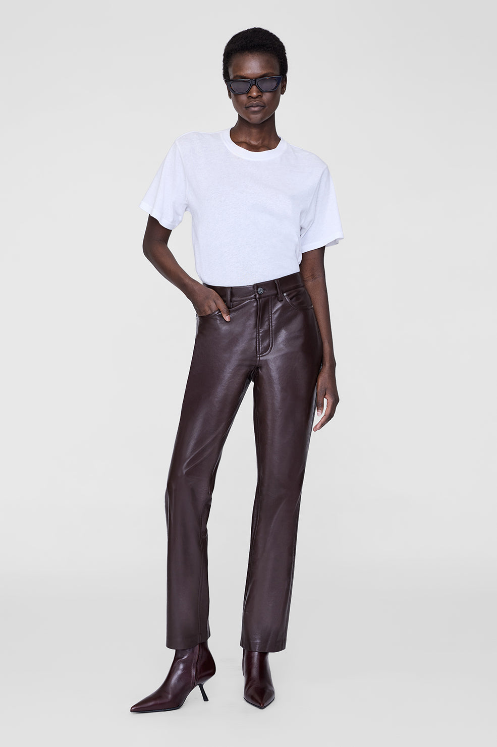 ANINE BING Bruno Pant - Deep Brown Recycled Leather - On Model Front