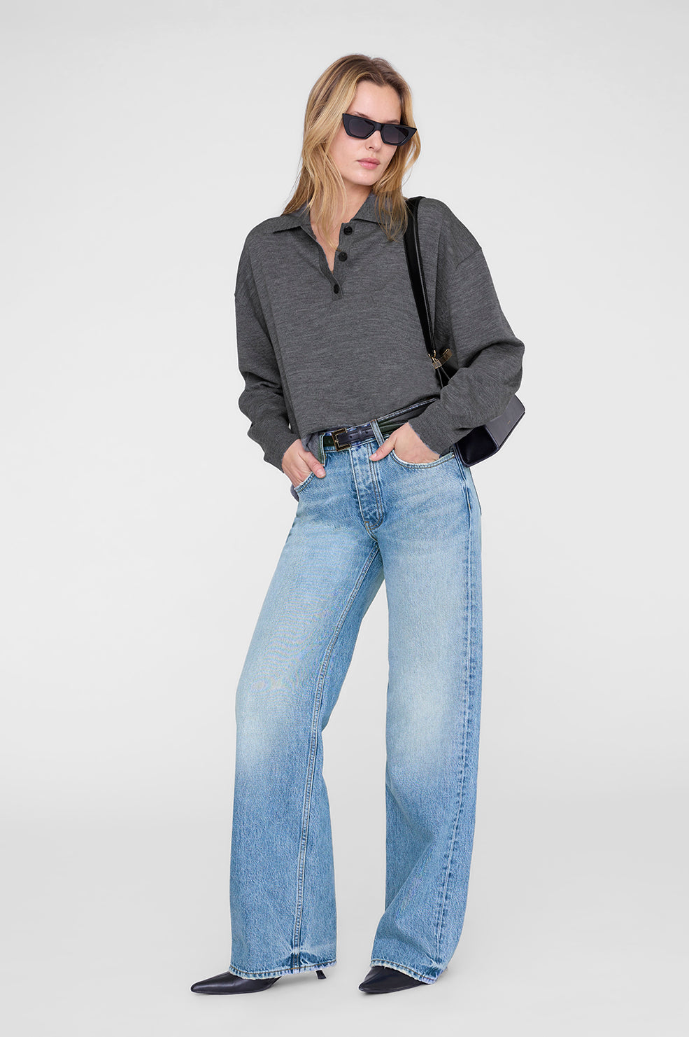 ANINE BING Lee Polo Sweater - Medium Heather Grey - on model front