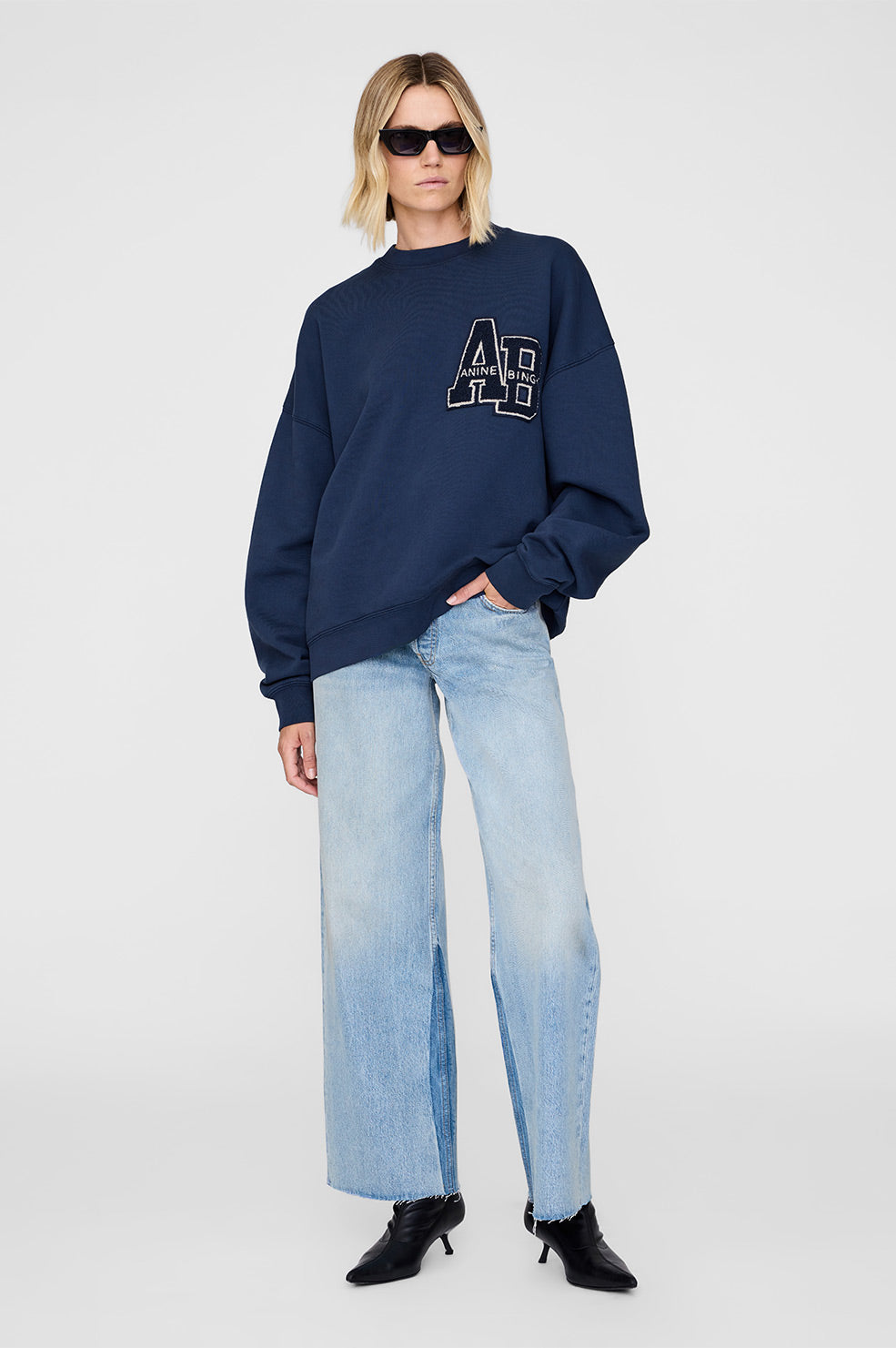 ANINE BING Miles Oversized Sweatshirt Letterman - Washed Navy - On Model Front