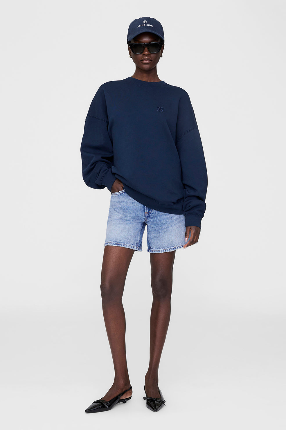 ANINE BING Miles Sweatshirt Framed Monogram - Washed Navy - On Model Front