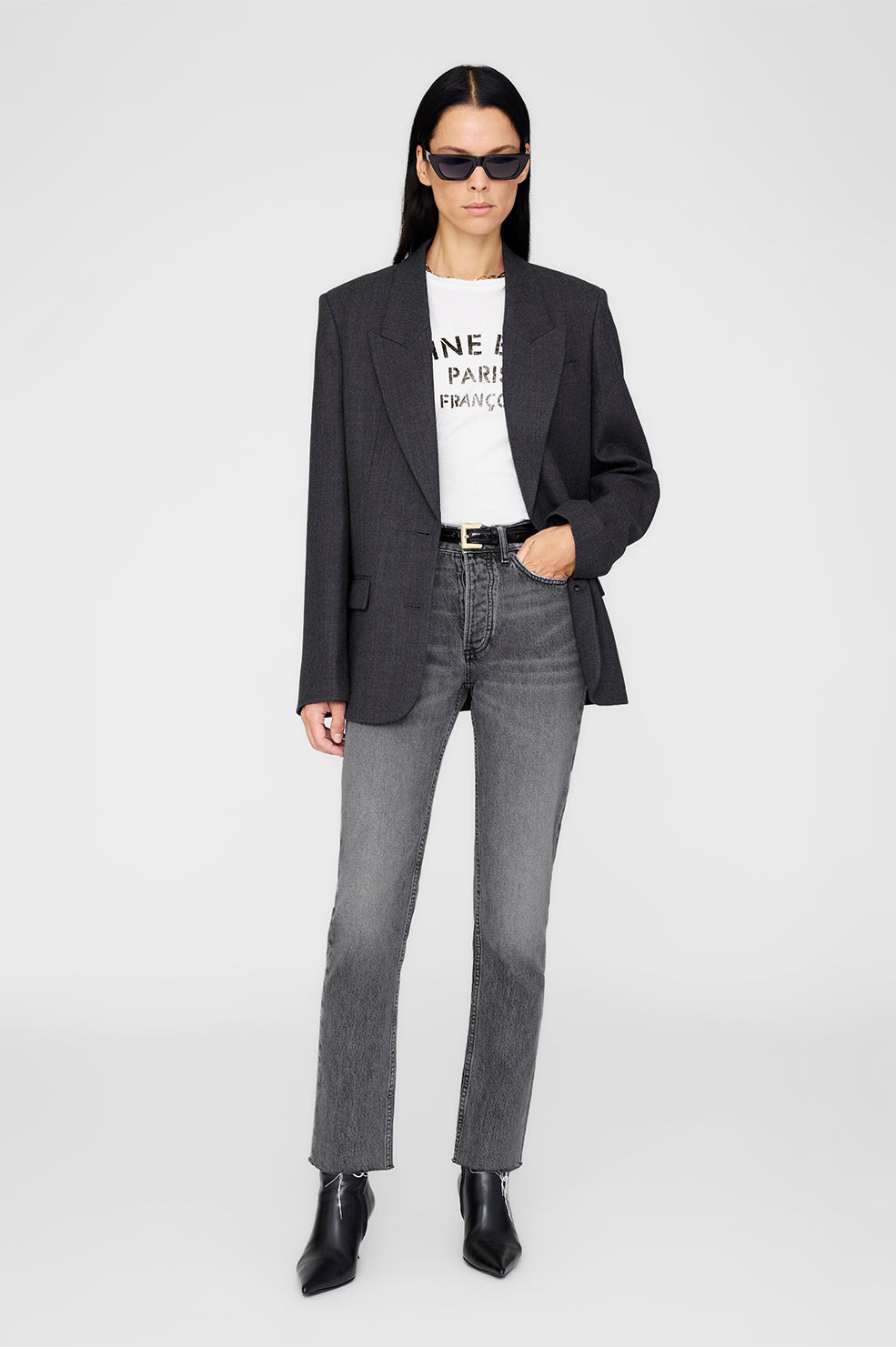 ANINE BING Ross Single-Breasted Blazer - Dark Heather Grey - on model Front View