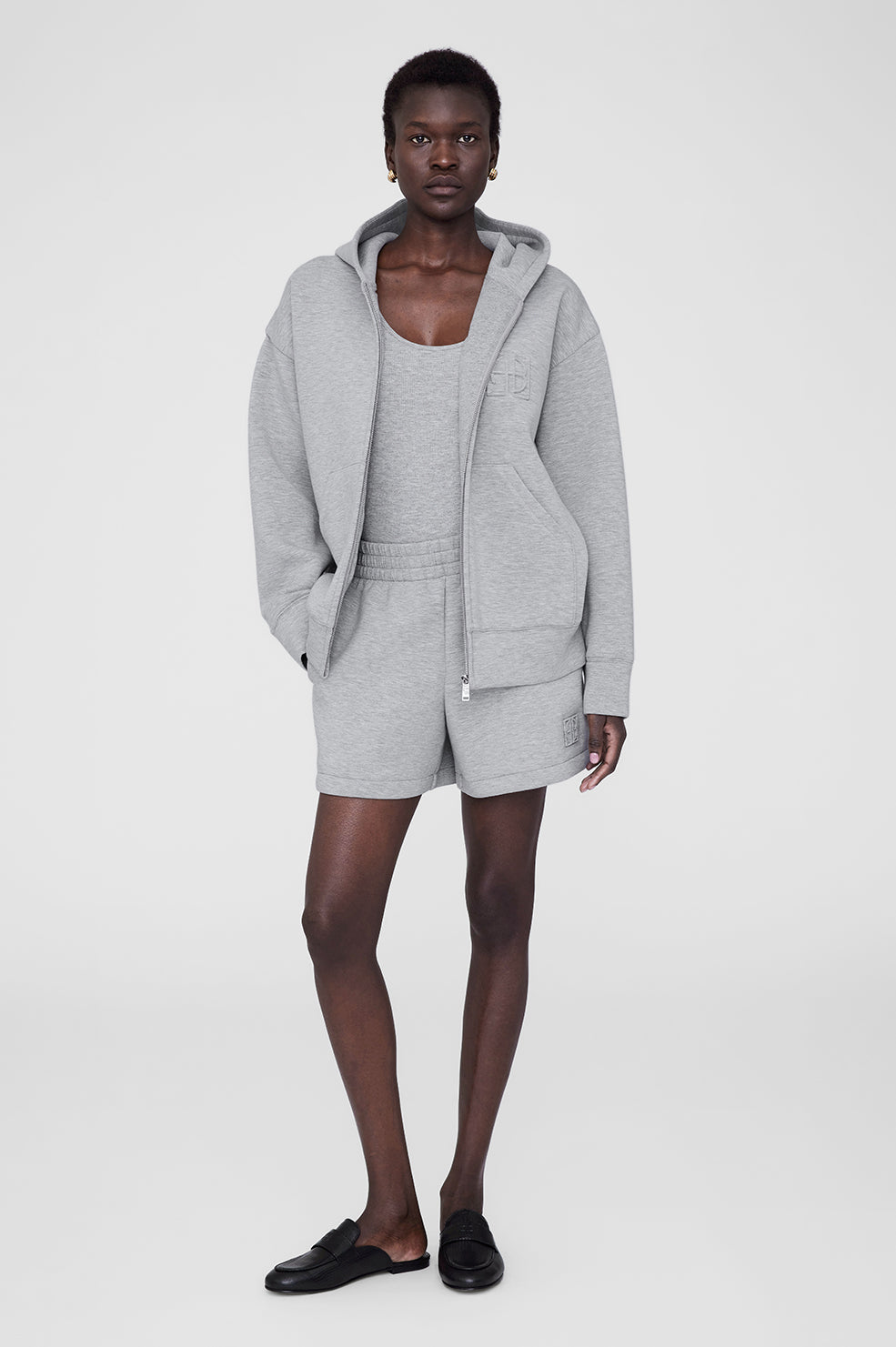 ANINE BING Bond Zip Up Hoodie Framed Monogram - Heather Grey