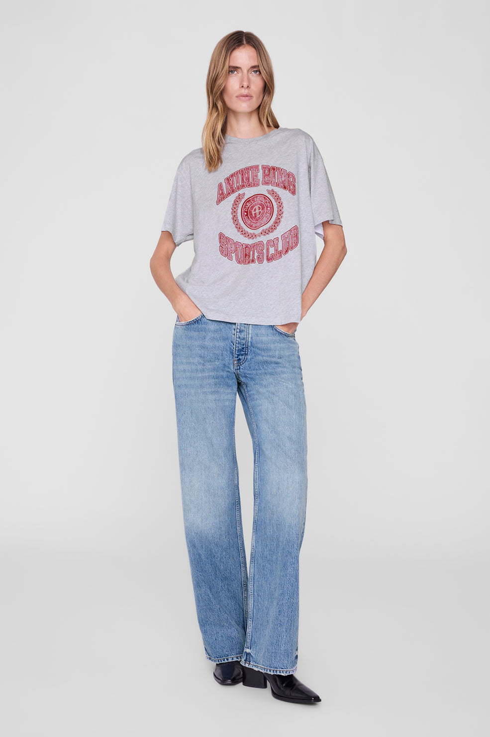 ANINE BING Cade Tee Collegiate - Grey - on model front view