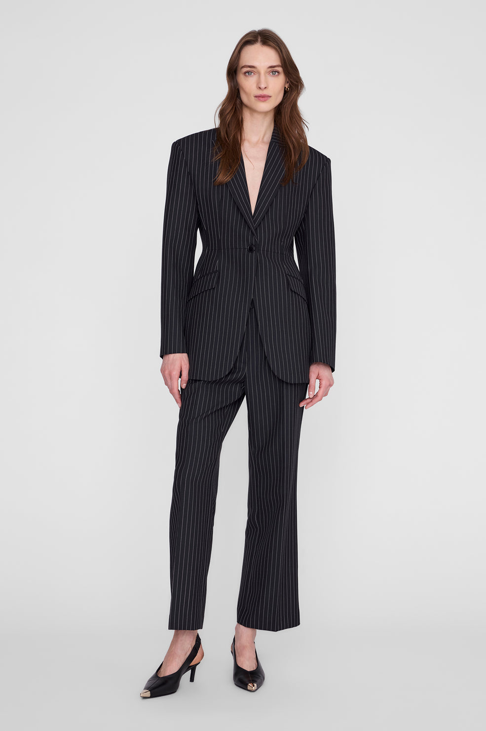 ANINE BING Elga Blazer - Black And White Pinstripe - on model front