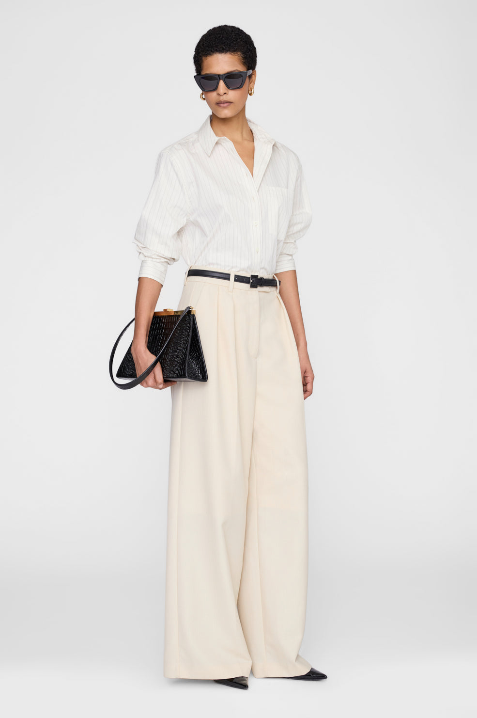 ANINE BING Essie Cropped Shirt - Cream Pinstripe - on model front