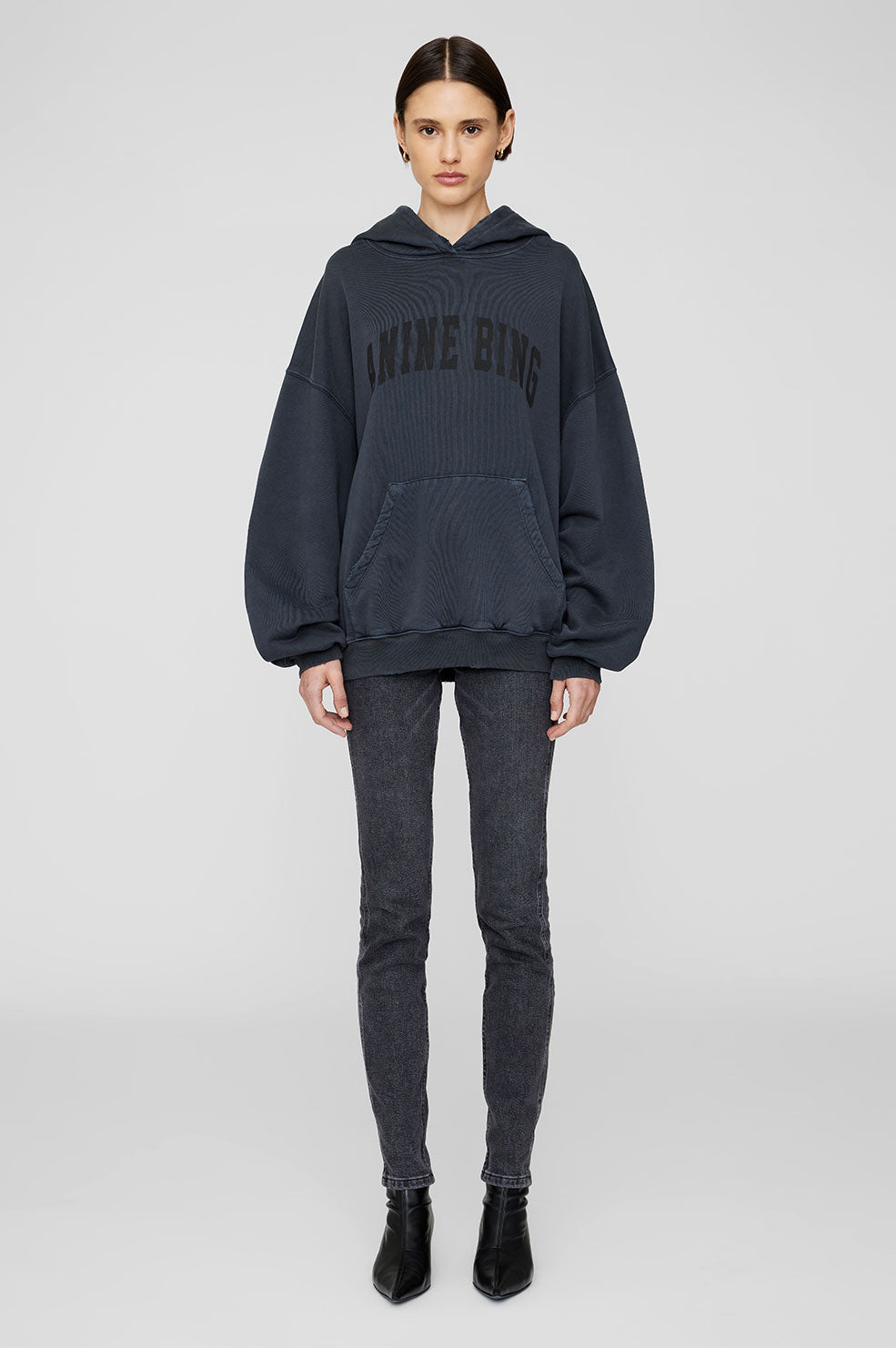 ANINE BING Harvey Sweatshirt - Dark Washed Black - On Model Front