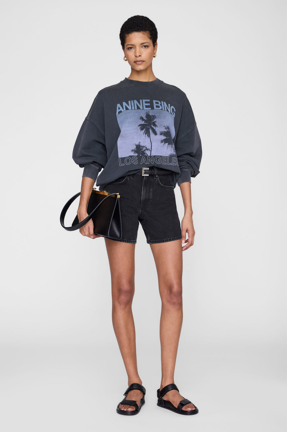 ANINE BING Miles Sweatshirt Palms - Washed Grey - on model front 