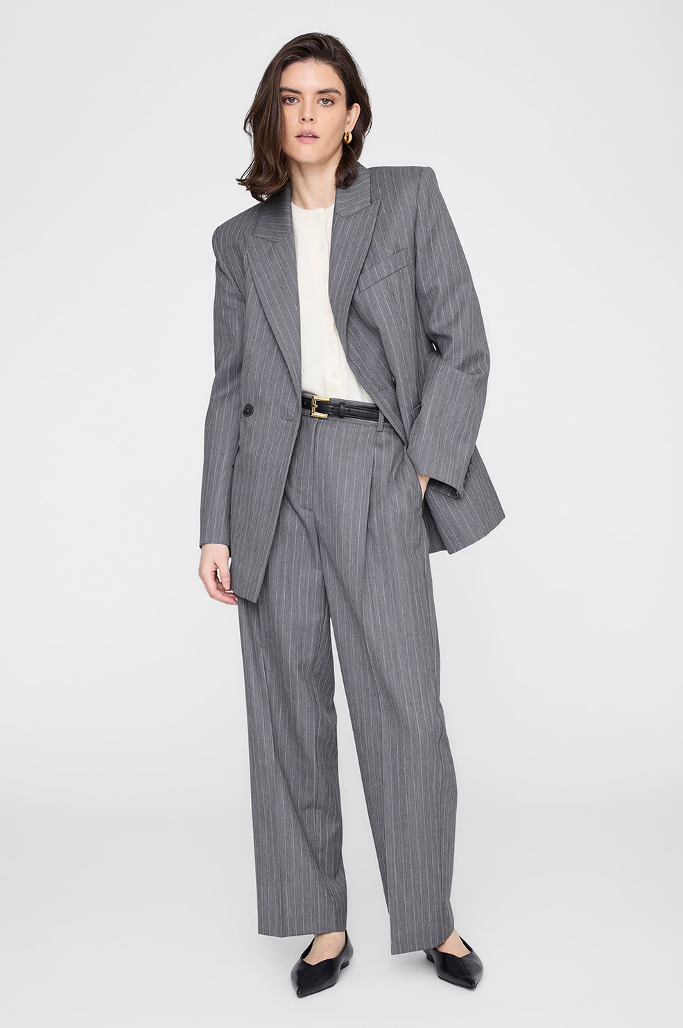 ANINE BING Trent Cropped Trouser - Light Grey Pinstripe - on model front second image