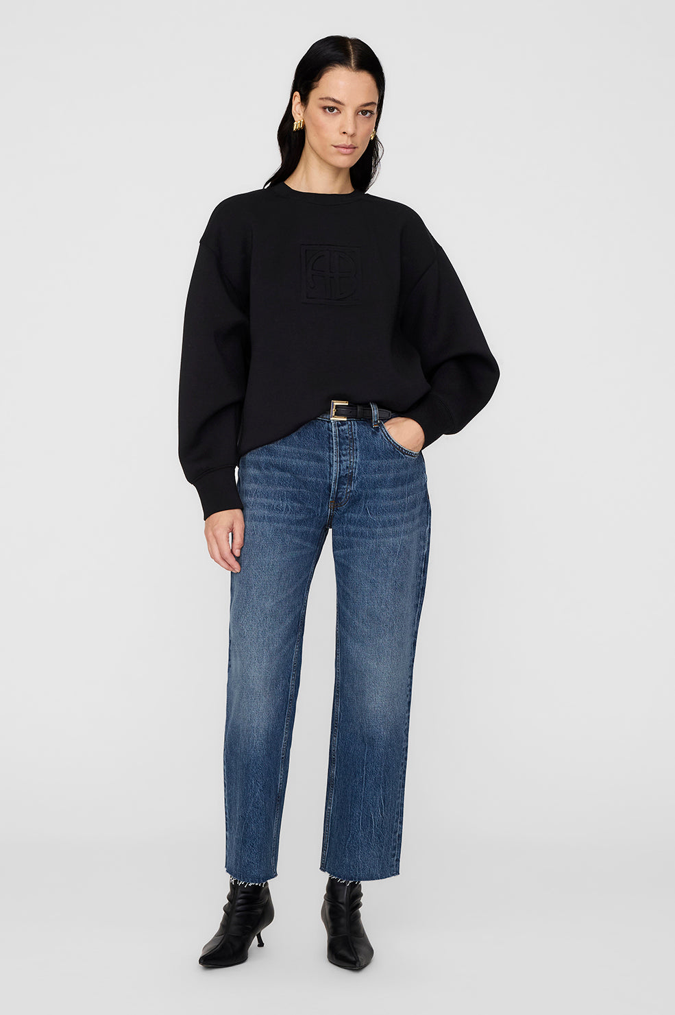 ANINE BING Alto Sweatshirt Framed Monogram - Black - On Model Front 