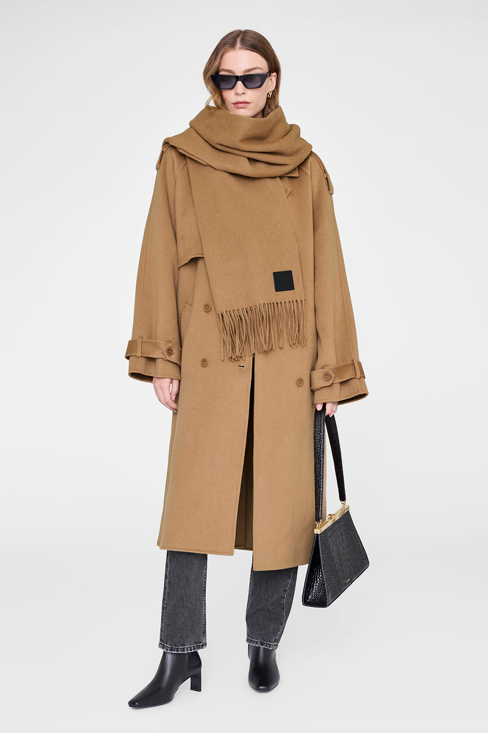 ANINE BING Augustina Scarf - Camel Wool - On Model Front