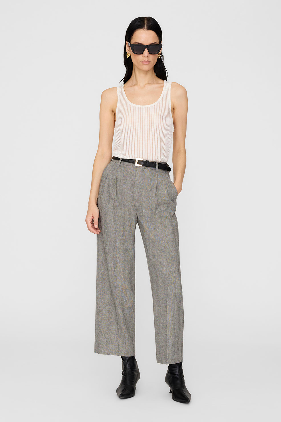 ANINE BING Belen Pant - Ivory And Black Herringbone - on model front