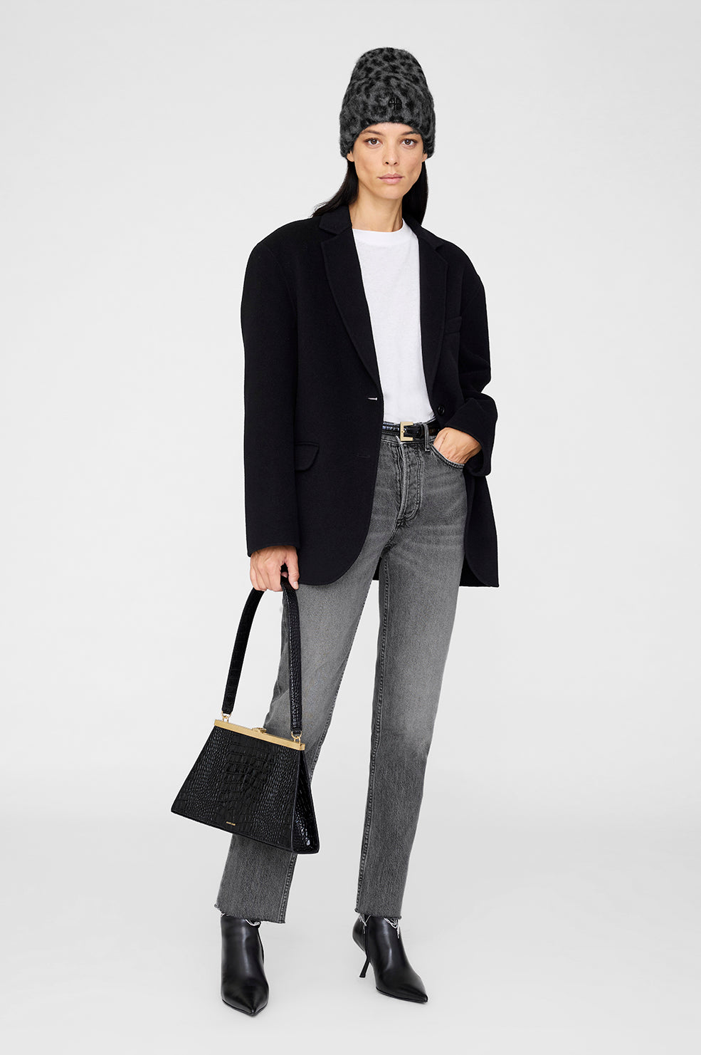 ANINE BING Elia Beanie - Grey Leopard - on model front view