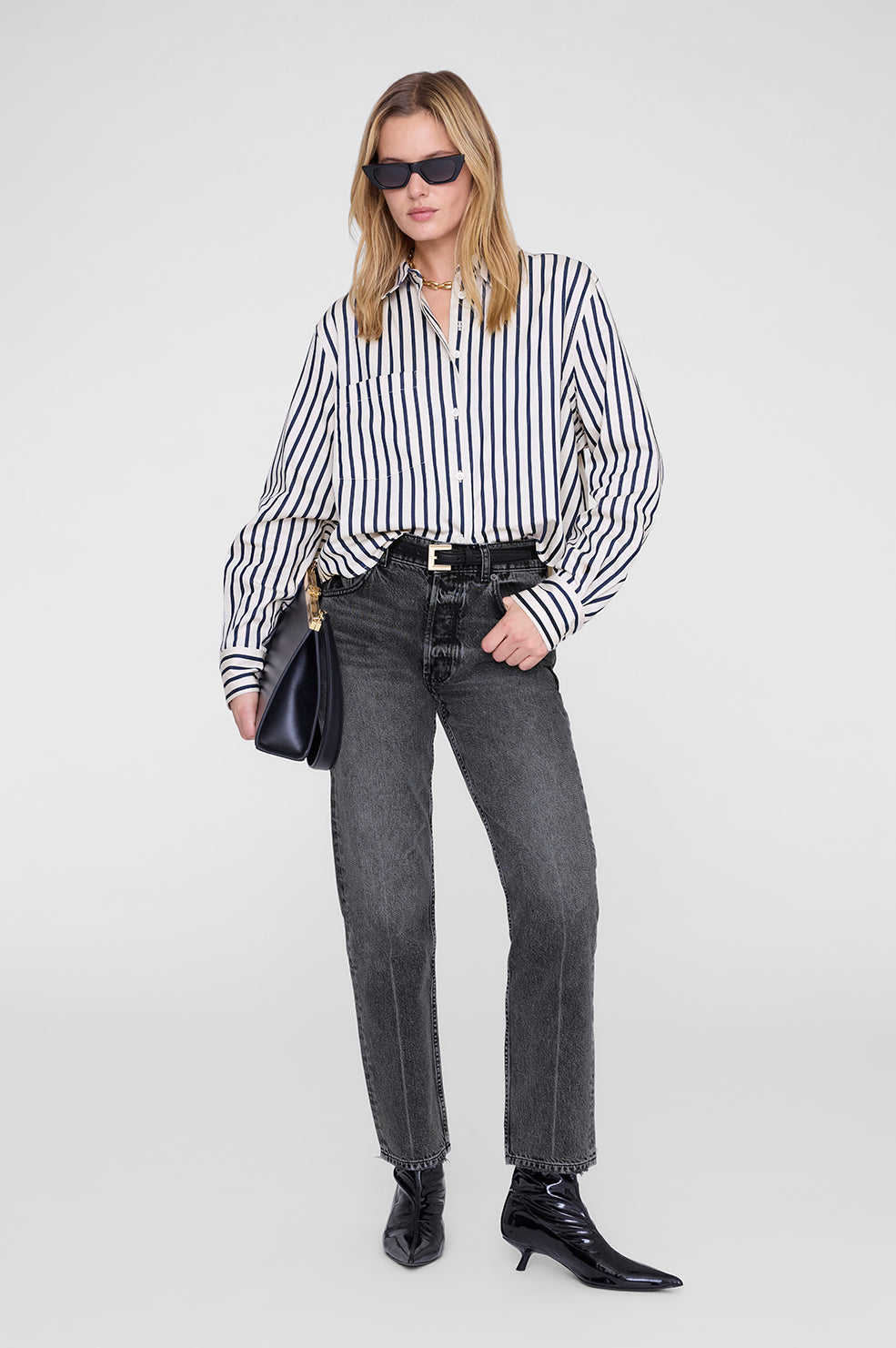 ANINE BING Essie Cropped Shirt - Maritime Stripe - on model front