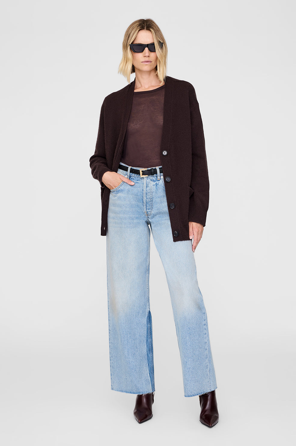 ANINE BING Jackson Cardigan - Deep Brown - On Model Front 