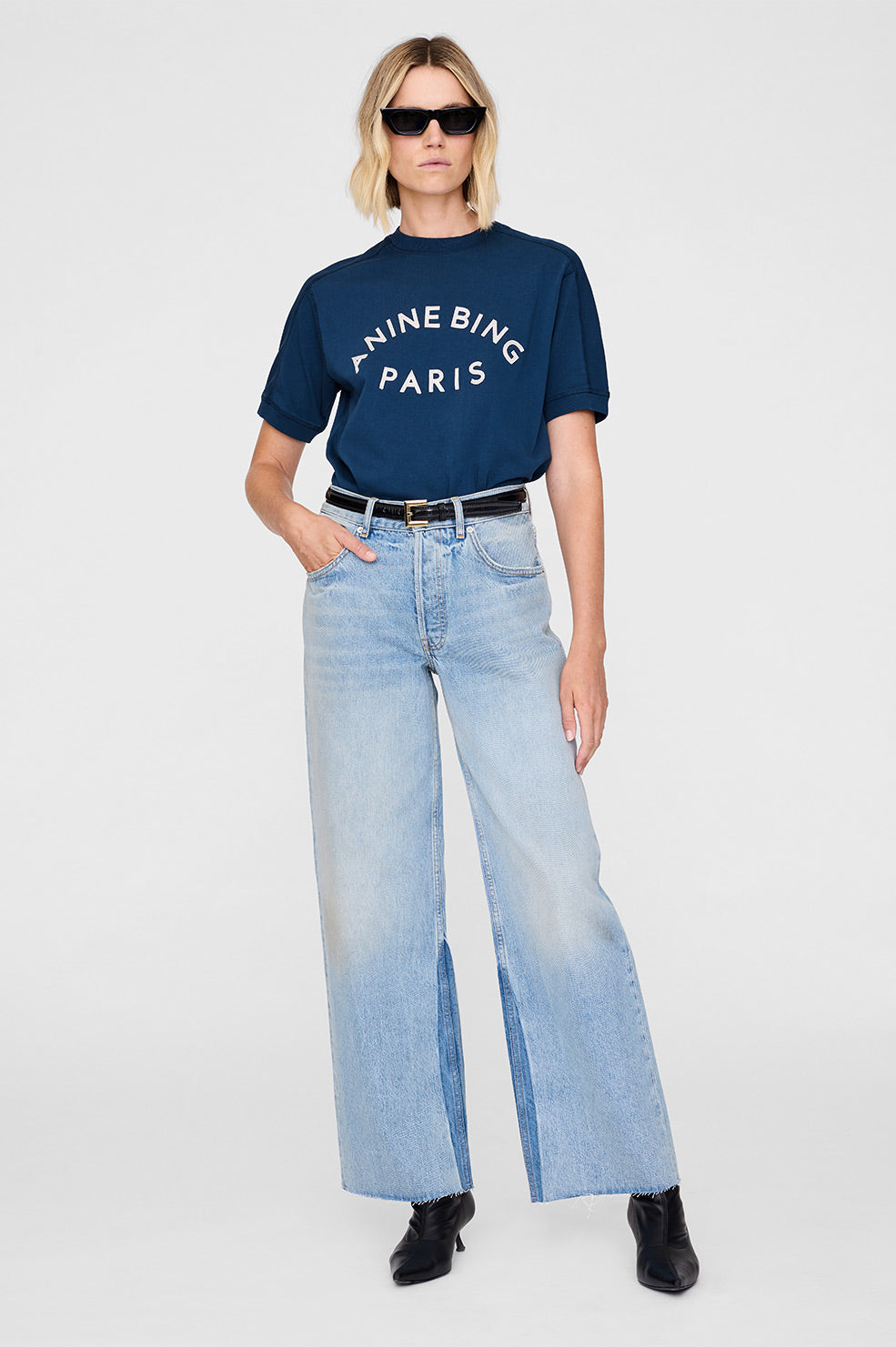 ANINE BING Jaylin Tee Paris - Washed Navy - On Model Front 