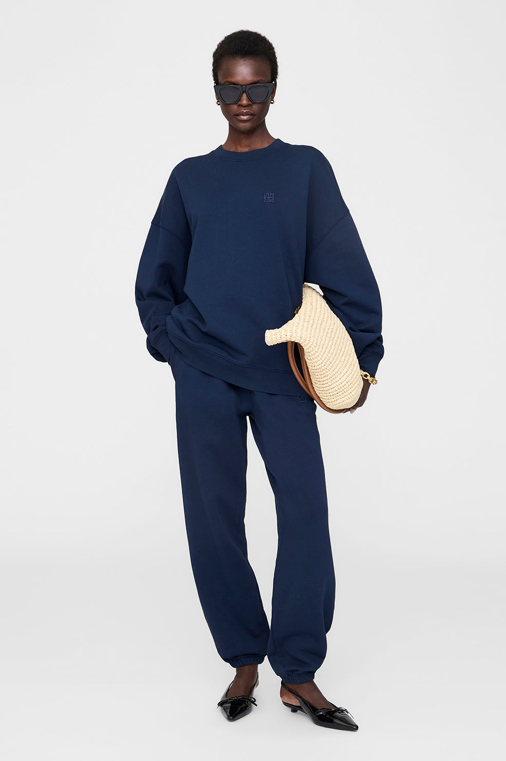 ANINE BING Karter Jogger Framed Monogram - Washed Navy - On Model Front 