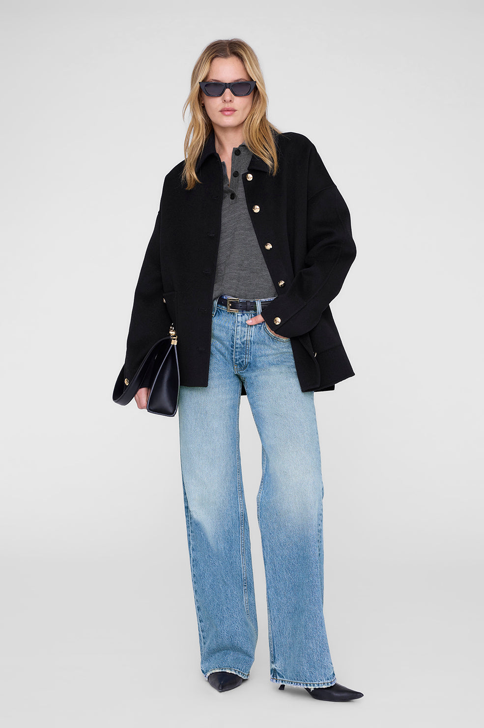 ANINE BING Lee Polo Sweater - Medium Heather Grey - on model front second image