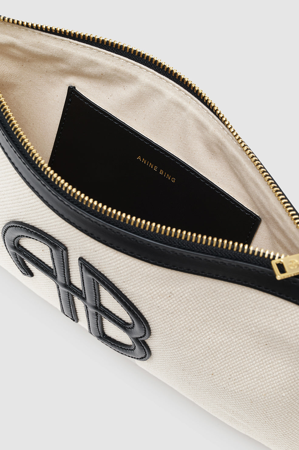 ANINE BING Lili Pouch - Natural Canvas With Black - inside view