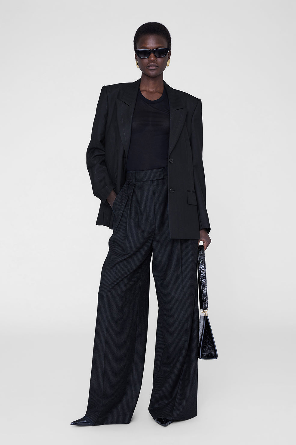 ANINE BING Lou Trouser - Black Pinstripe - On Model Front Second Image