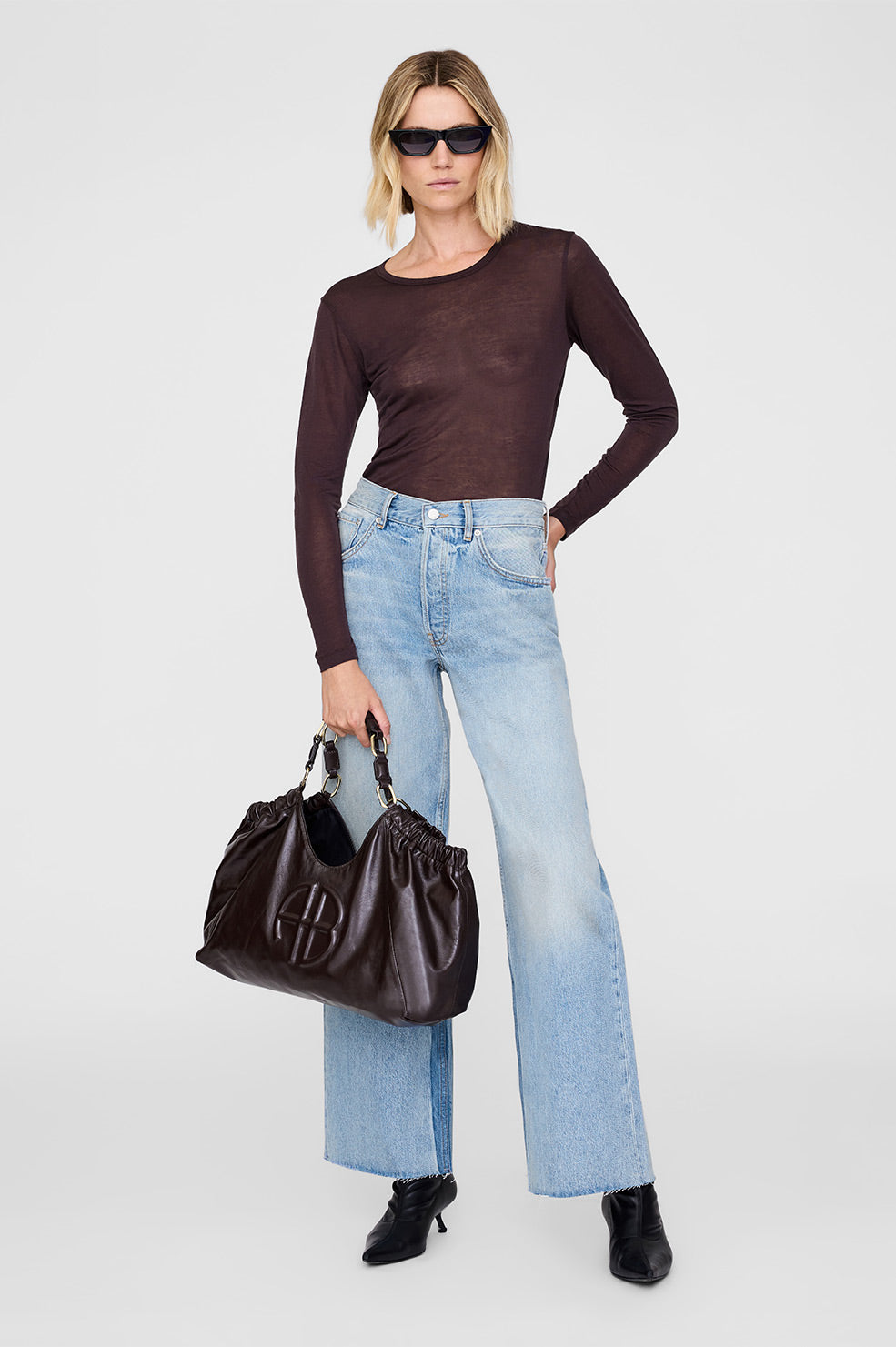 ANINE BING Medium Kate Tote - Dark Brown - On Model View