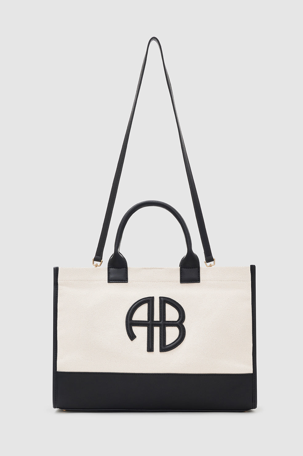 ANINE BING Medium Lara Tote - Natural Canvas With Black - front view