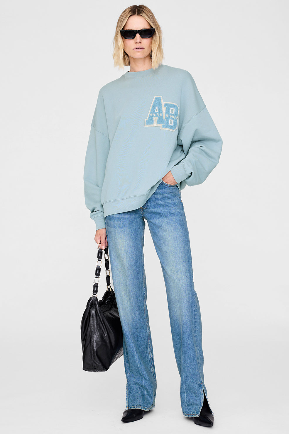 ANINE BING Miles Oversized Sweatshirt Letterman - Pastel Blue - On Model Front