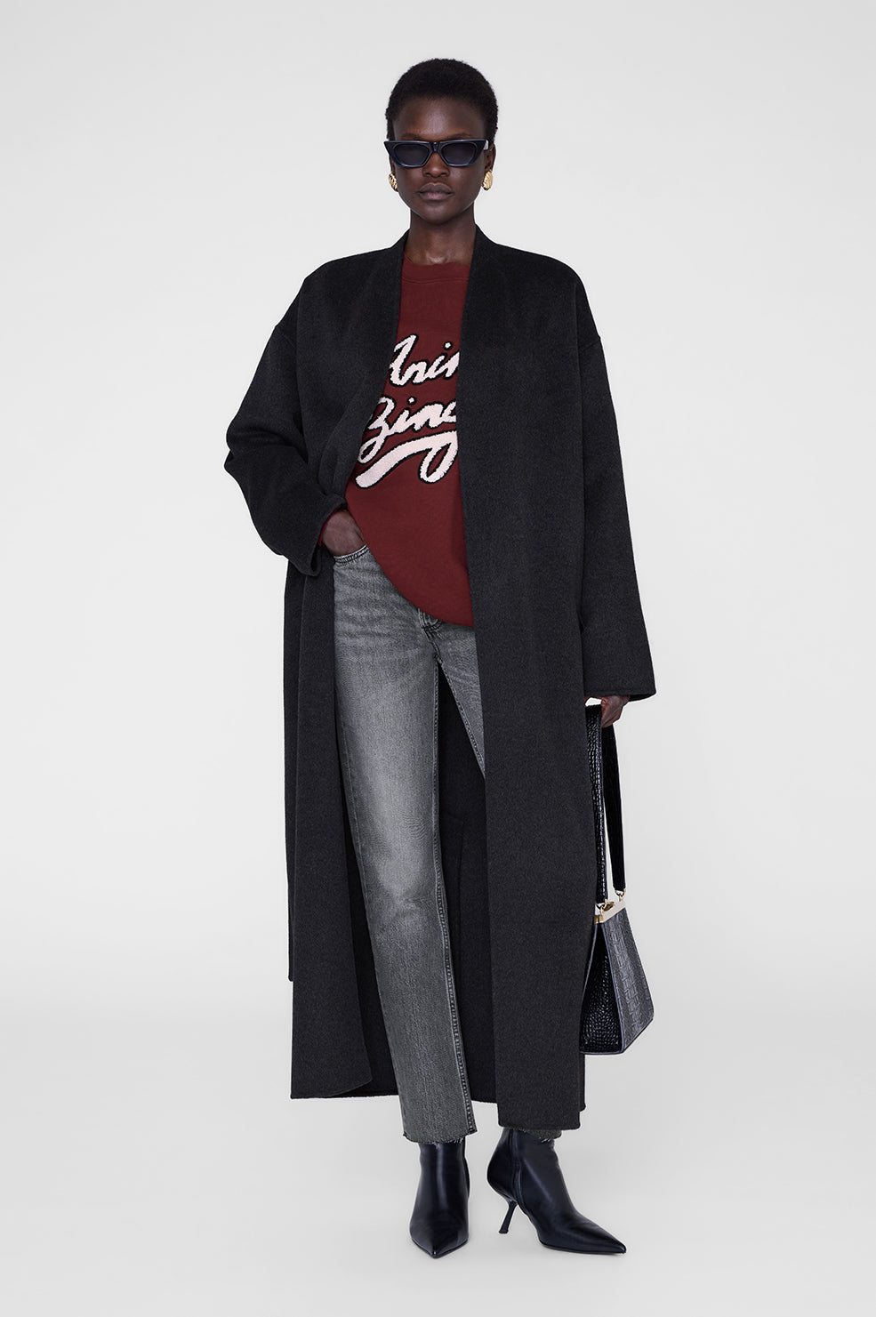 ANINE BING Miles Sweatshirt Chenille Signature - Cabernet - On Model Front Second Image