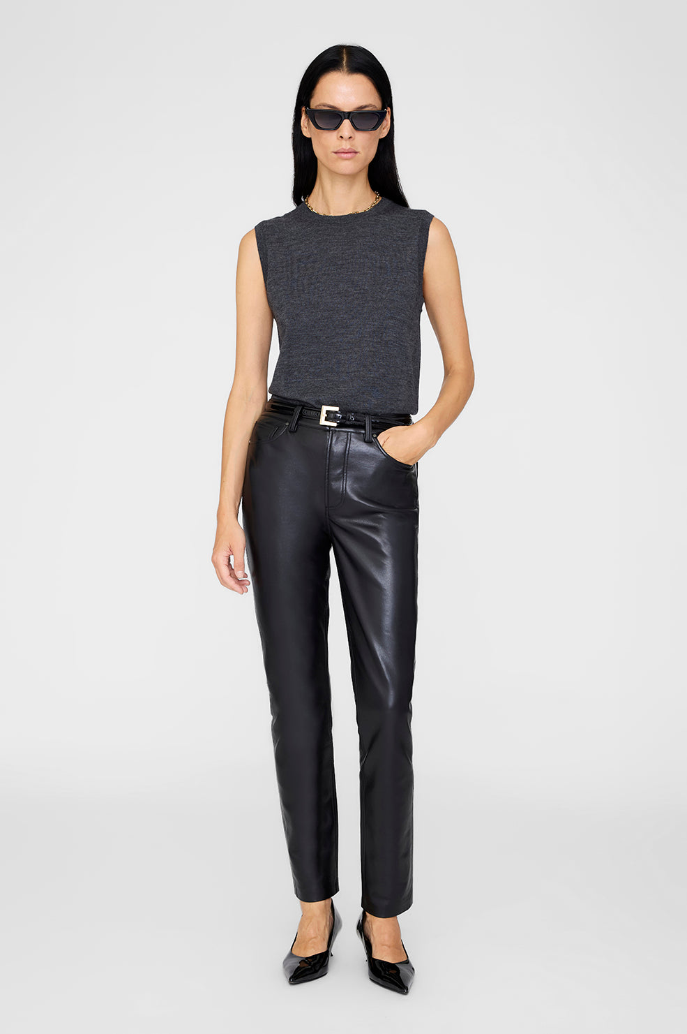 ANINE BING Moni Crop Tank - Heather Charcoal - on model front