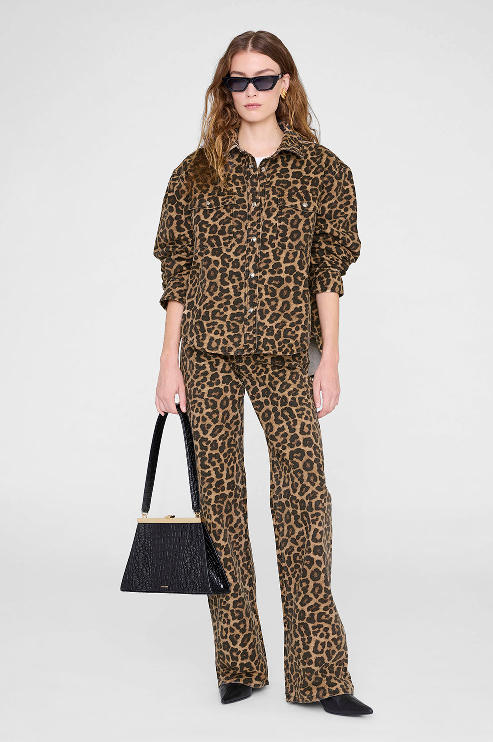 ANINE BING Paxton Shirt - Black And Brown Leopard - On Model Front Second Image