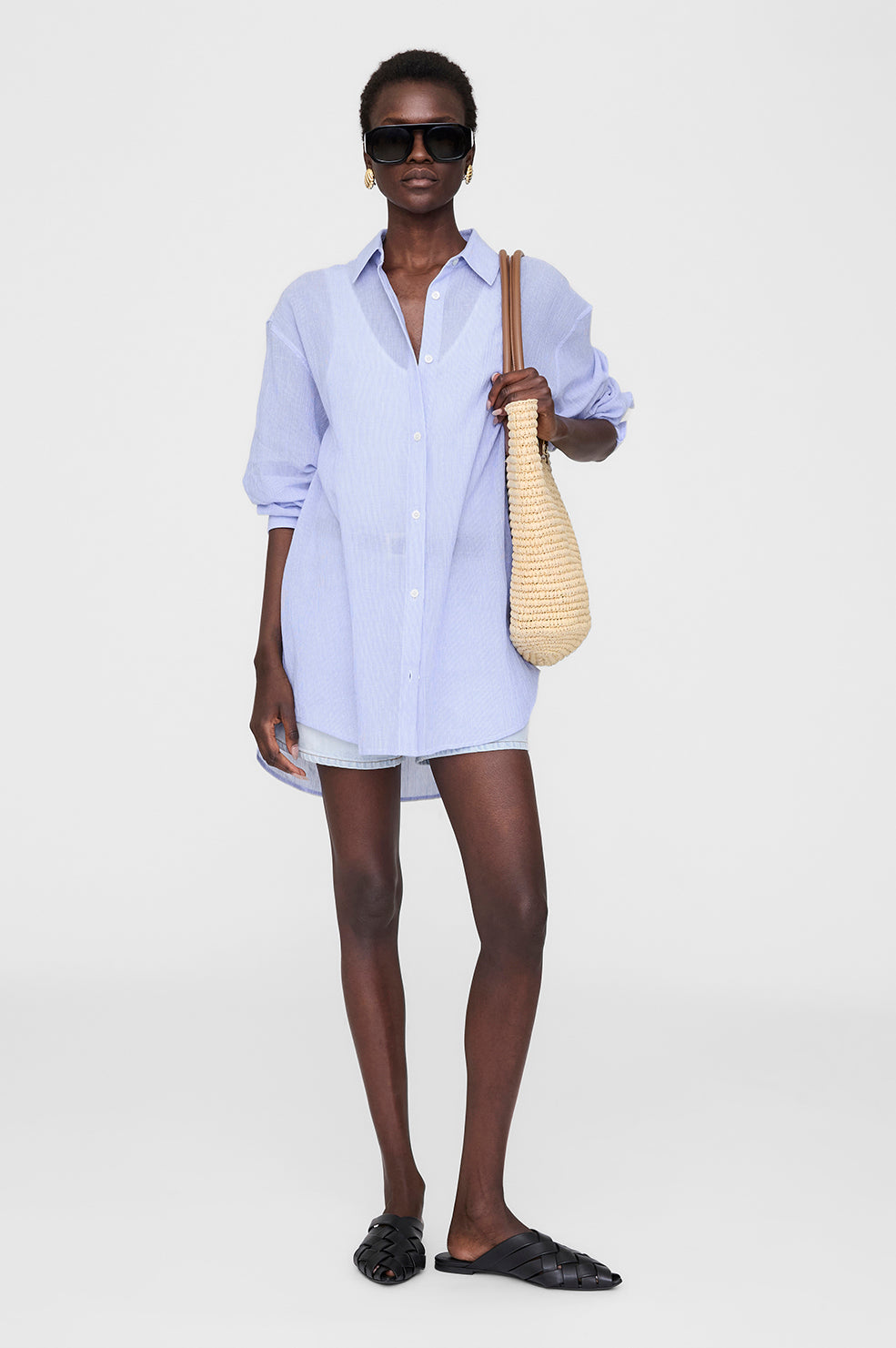 ANINE BING Plaza Shirt - Blue And White Mini Stripe - On Model Front 