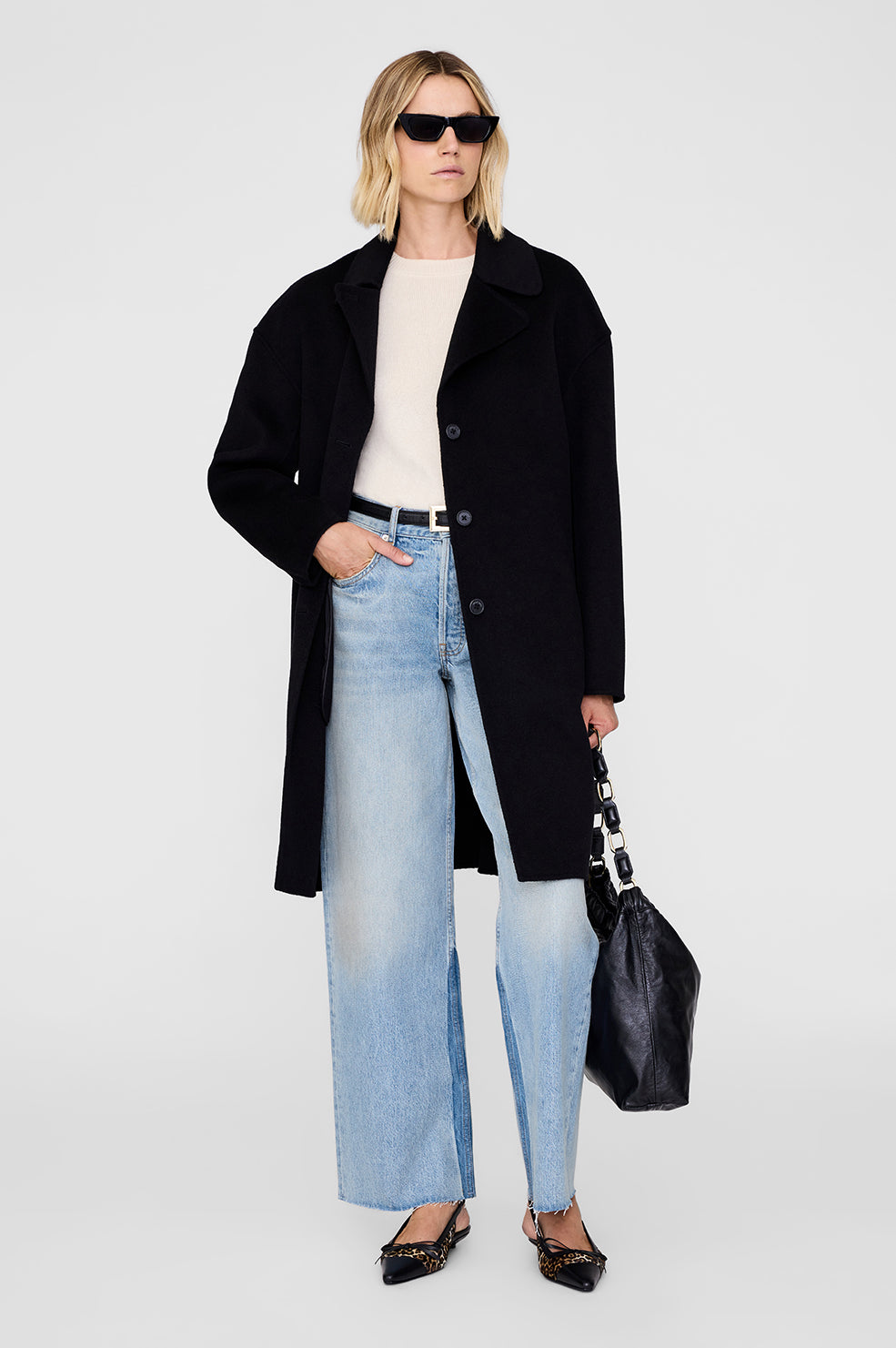 ANINE BING Portia Coat - Black Cashmere Blend - On Model Front