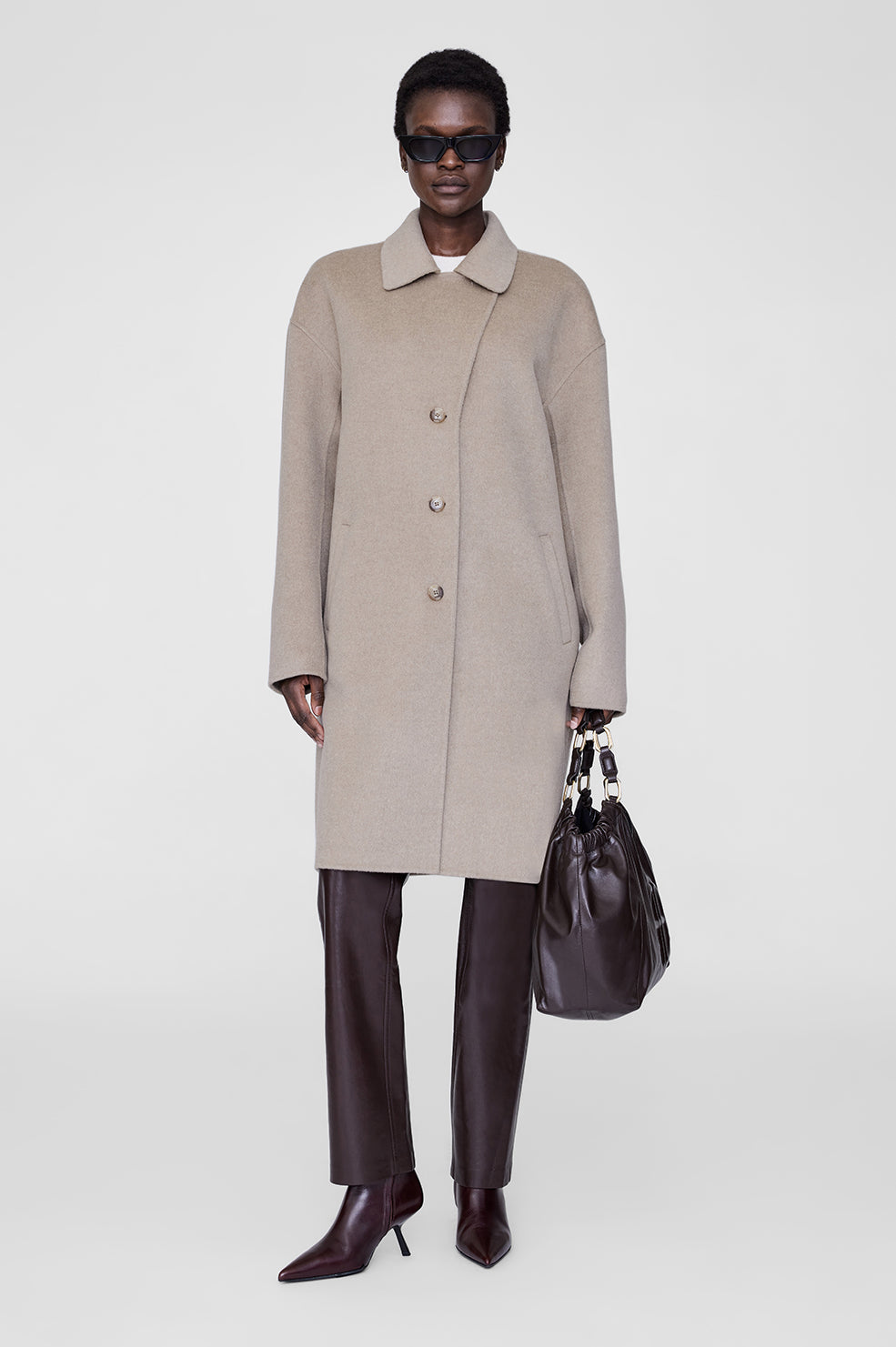 ANINE BING Portia Coat - Oatmeal Melange Cashmere Blend - On Model Front Second Image