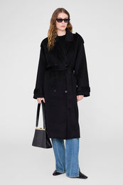 ANINE BING Rickie Maxi Trench - Black Cashmere Blend - on model front second image