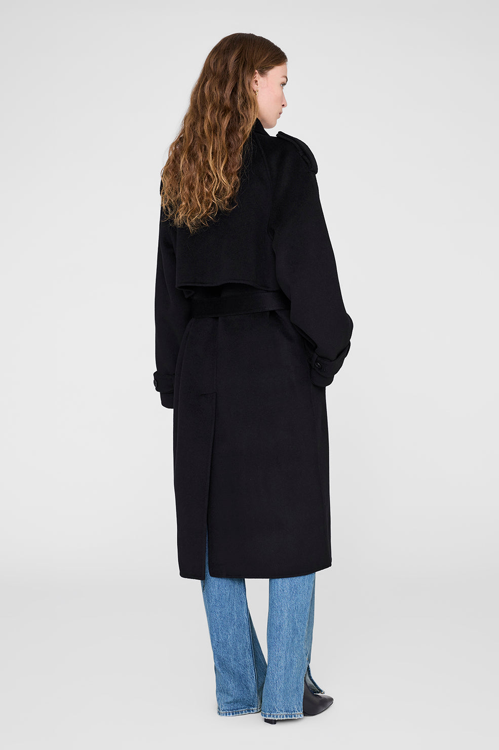 ANINE BING Rickie Maxi Trench - Black Cashmere Blend - on model back view