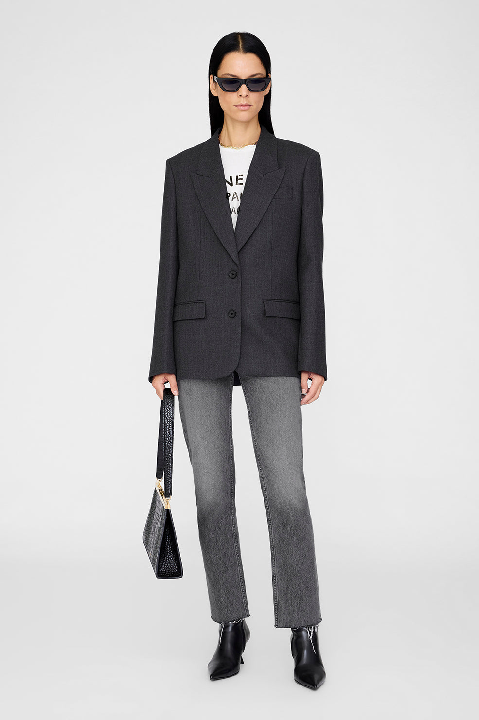 ANINE BING Ross Single-Breasted Blazer - Dark Heather Grey - on model front second image