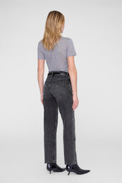 Grey short-sleeve t-shirt with crew neckline, shown on model from back view.