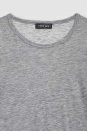Grey crew neck t-shirt with black brand label at neckline.