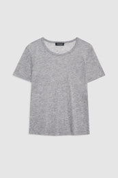 Grey heathered short-sleeve t-shirt with crew neckline and designer label at back neck.