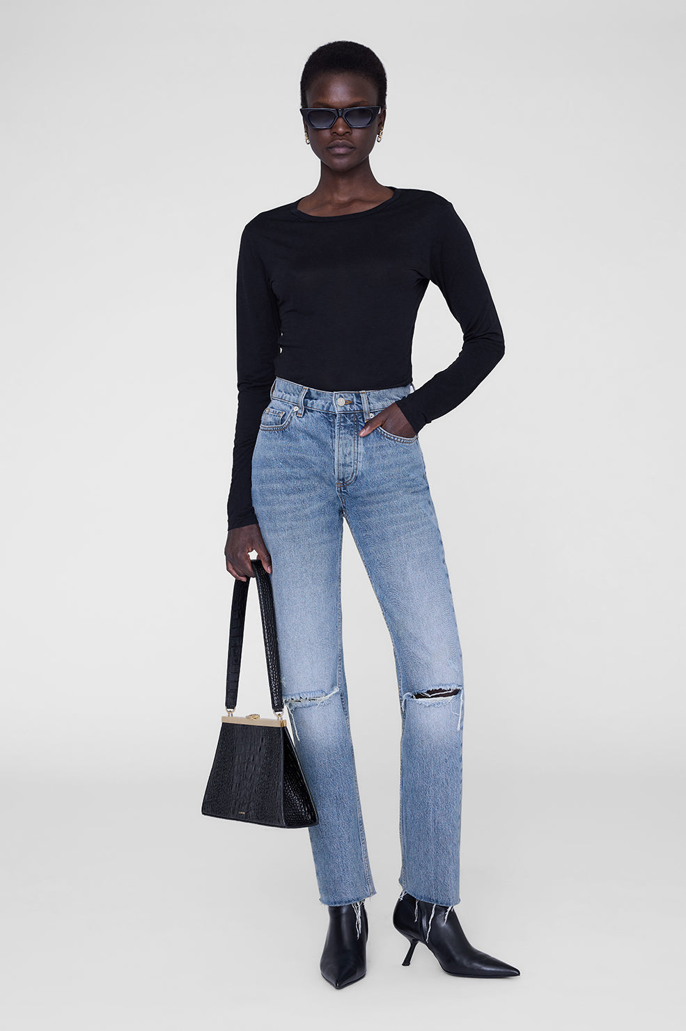 ANINE BING Sylvie Long Sleeve Tee - Black - on model front