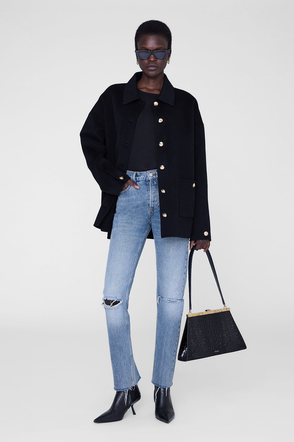 ANINE BING Sylvie Long Sleeve Tee - Black - on model front second image