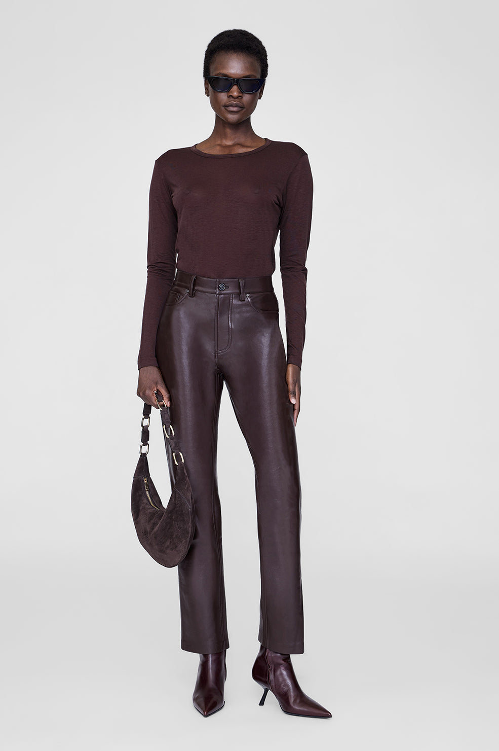 ANINE BING Sylvie Long Sleeve Tee - Dark Brown - On Model Front 