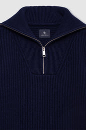 Midnight blue ribbed sweater with quarter-zip closure and silver metal zipper.