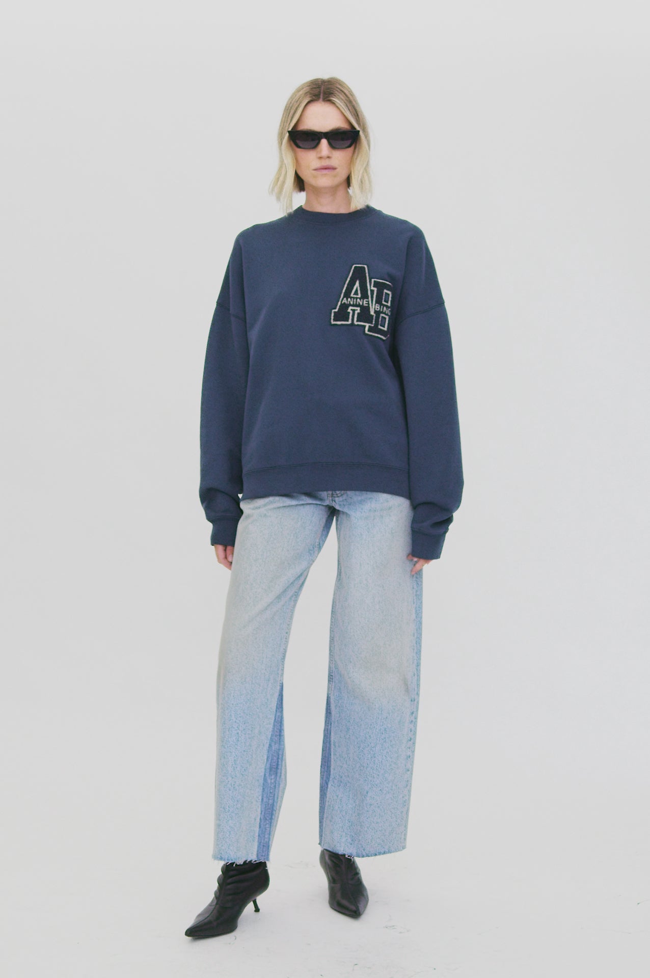 ANINE BING Miles Oversized Sweatshirt Letterman - Washed Navy - On Model Video 